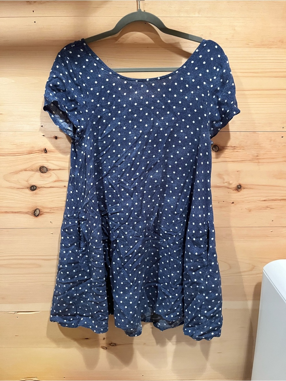 Women's Navy Polka Dot Short Sleeve Swing Top- has pockets